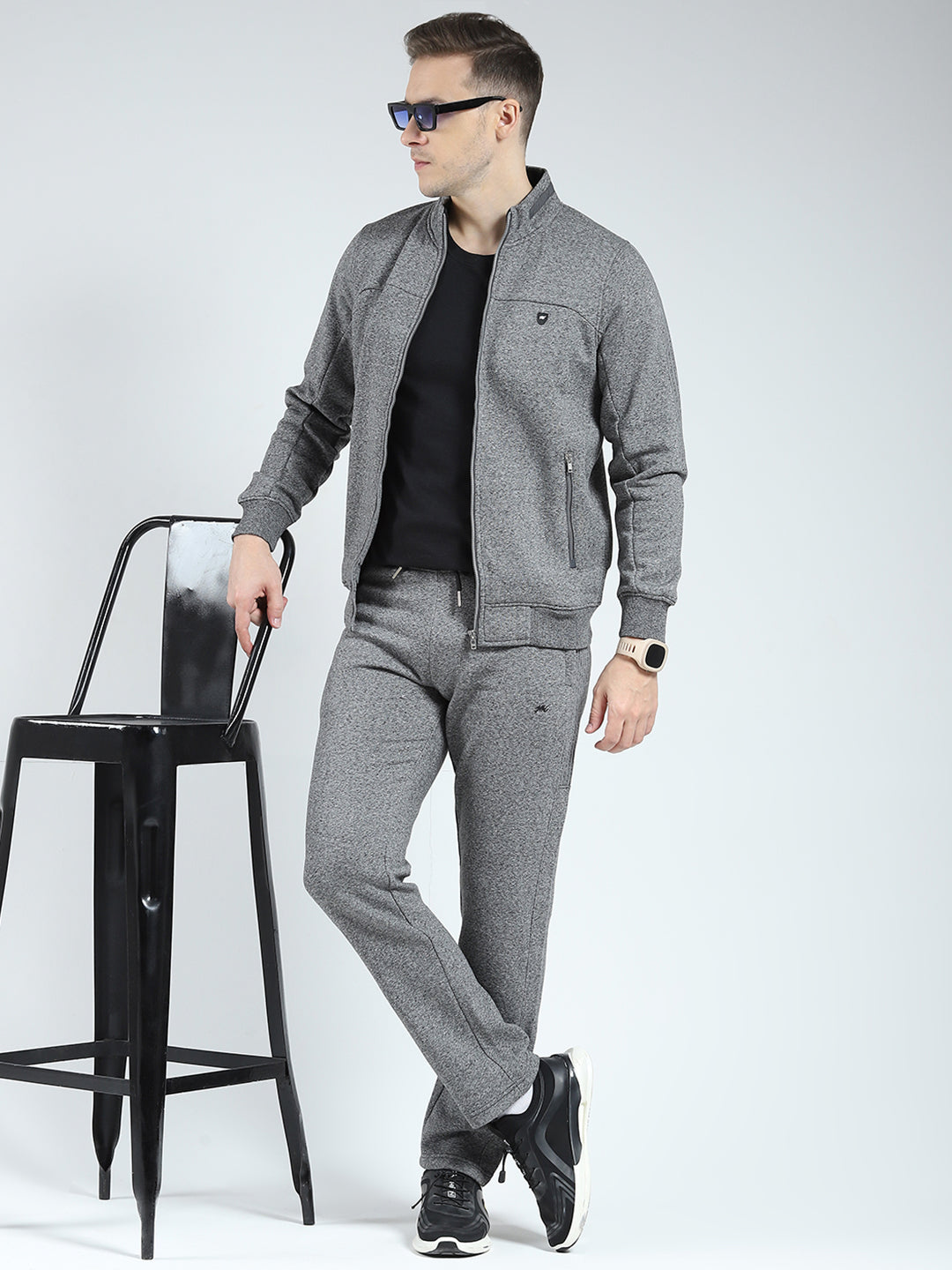 Men Charcoal Solid Mock Neck Full Sleeve Winter Tracksuit