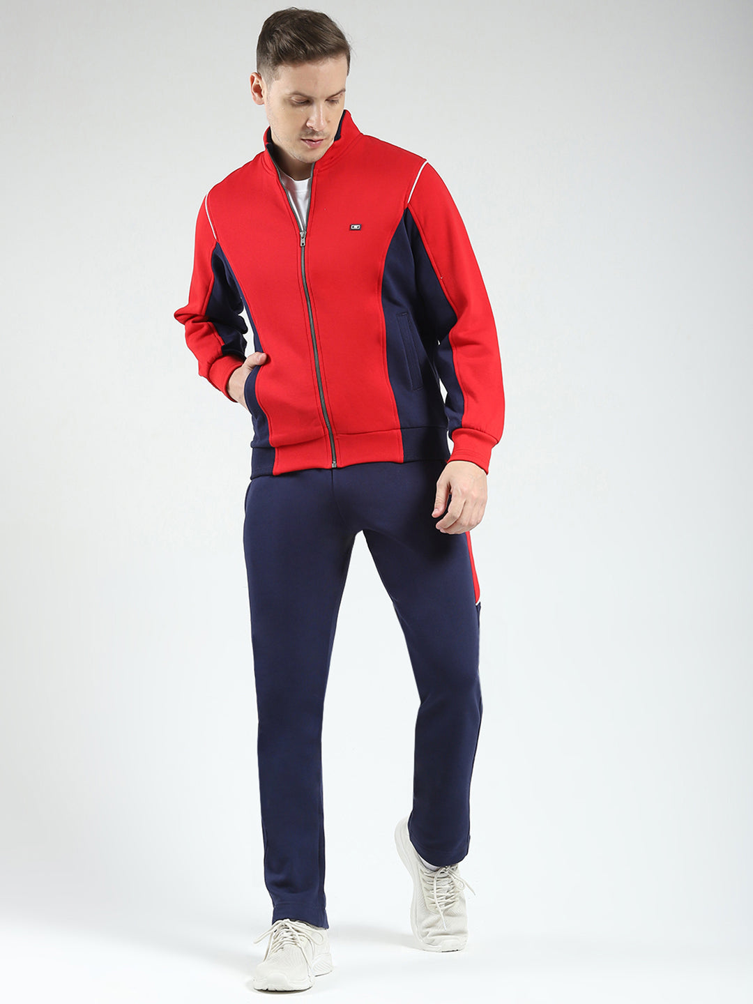 Men Red & Navy Blue Solid Mock Neck Full Sleeve Winter Tracksuit