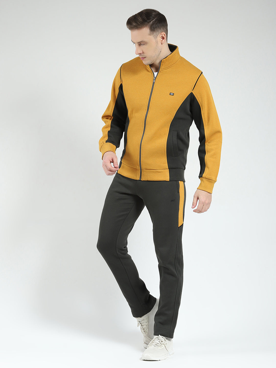 Men Mustard Solid Mock Neck Full Sleeve Winter Tracksuit