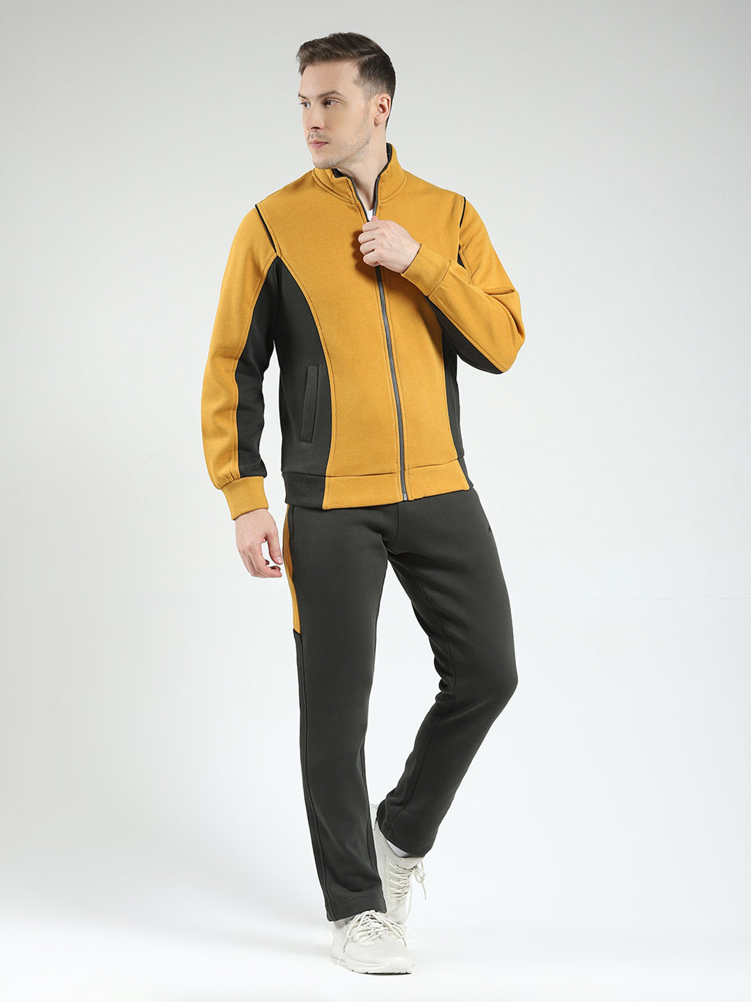 Men Mustard Solid Mock Neck Full Sleeve Winter Tracksuit