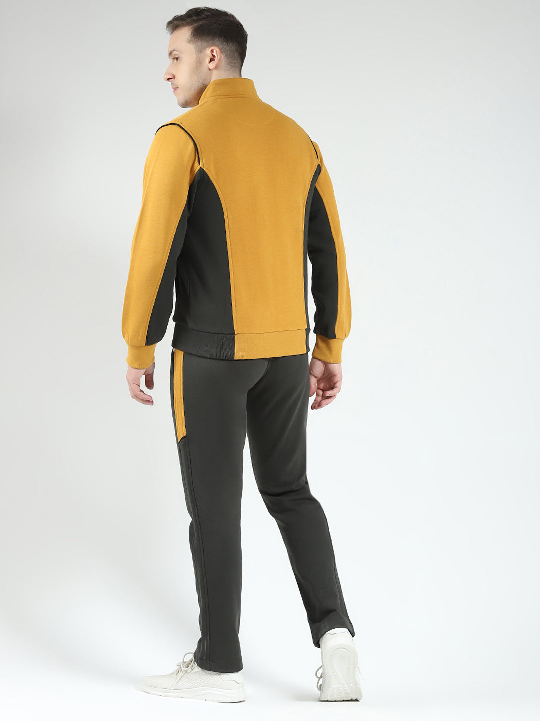 Men Mustard Solid Mock Neck Full Sleeve Winter Tracksuit