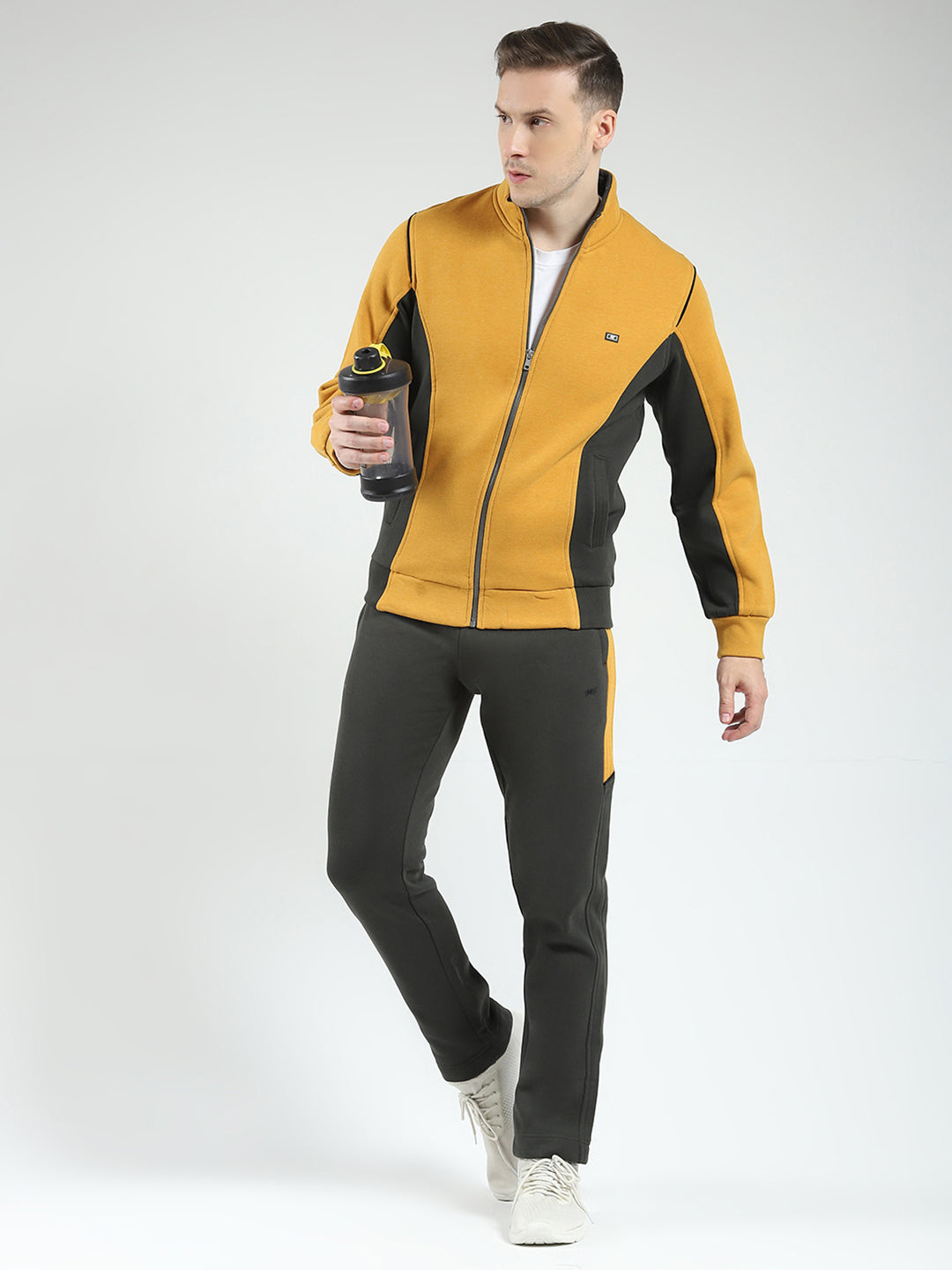 Men Mustard Solid Mock Neck Full Sleeve Winter Tracksuit