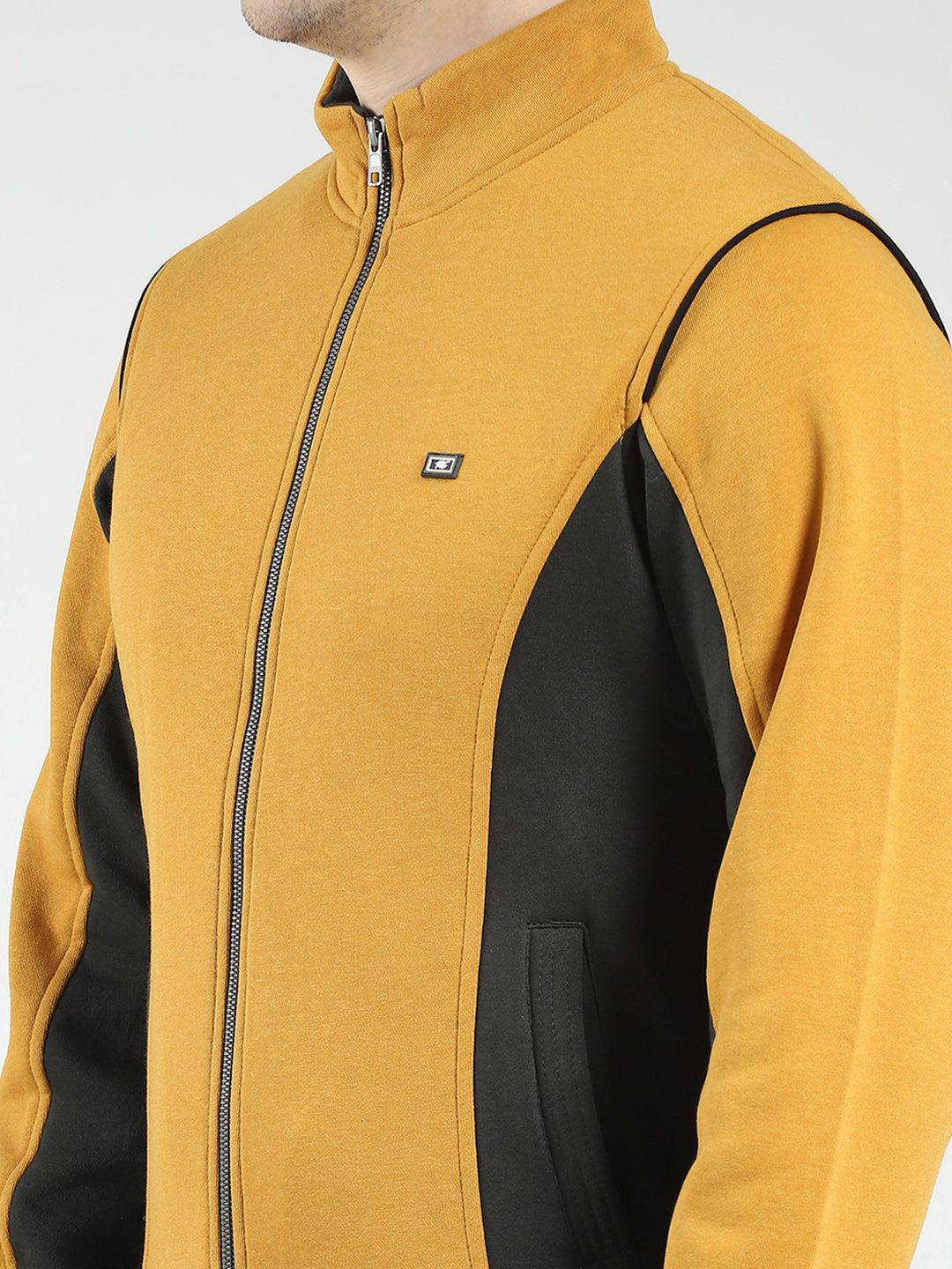 Men Mustard Solid Mock Neck Full Sleeve Winter Tracksuit