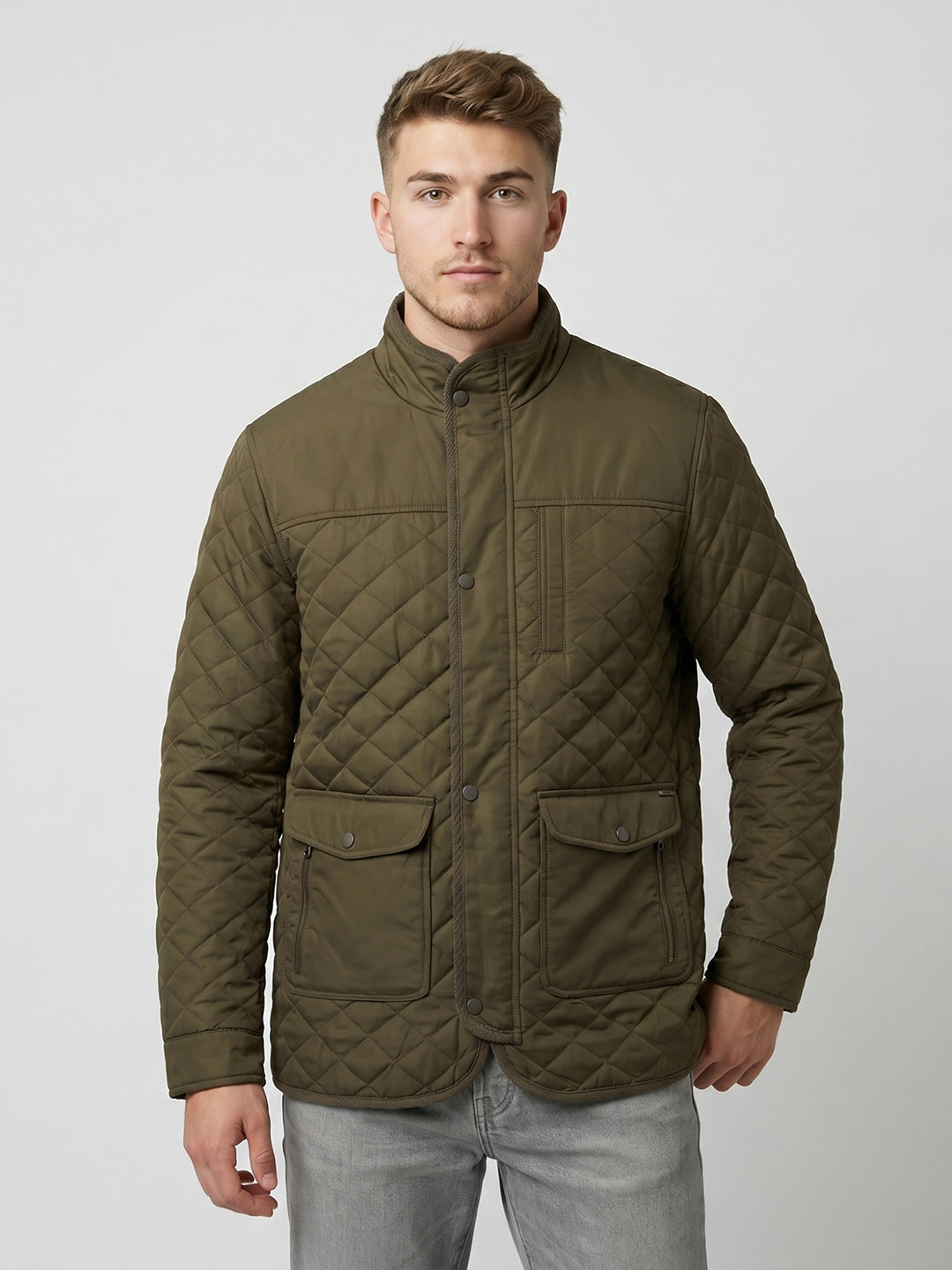 Men Olive Solid Mandarin Collar Full Sleeve Parka Jacket