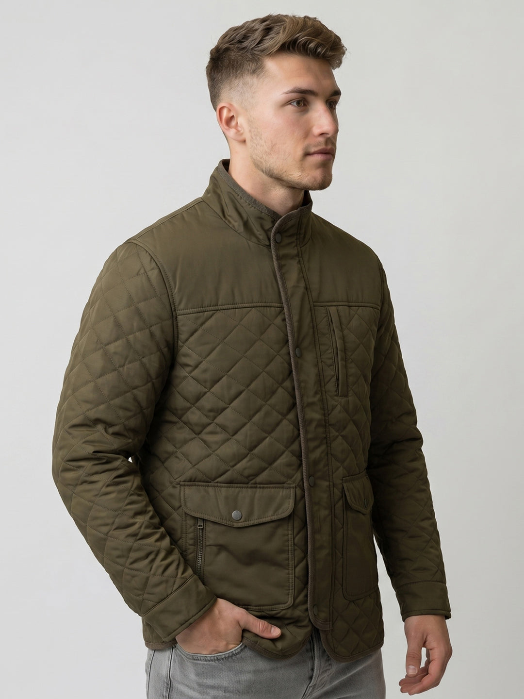 Men Olive Solid Mandarin Collar Full Sleeve Parka Jacket