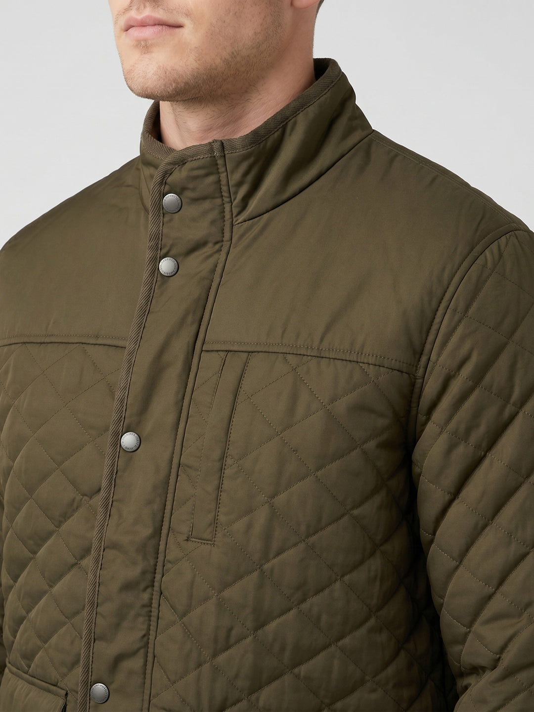 Men Olive Solid Mandarin Collar Full Sleeve Parka Jacket