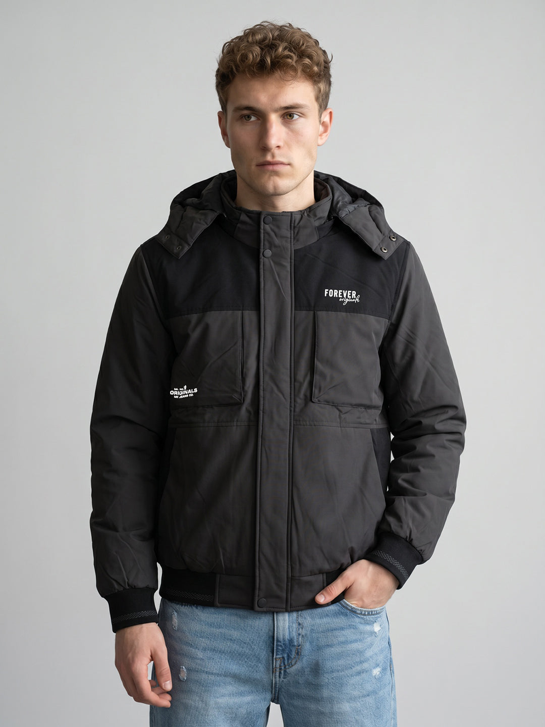 Men Grey Solid Detachable Hood Full Sleeve Parka Jacket