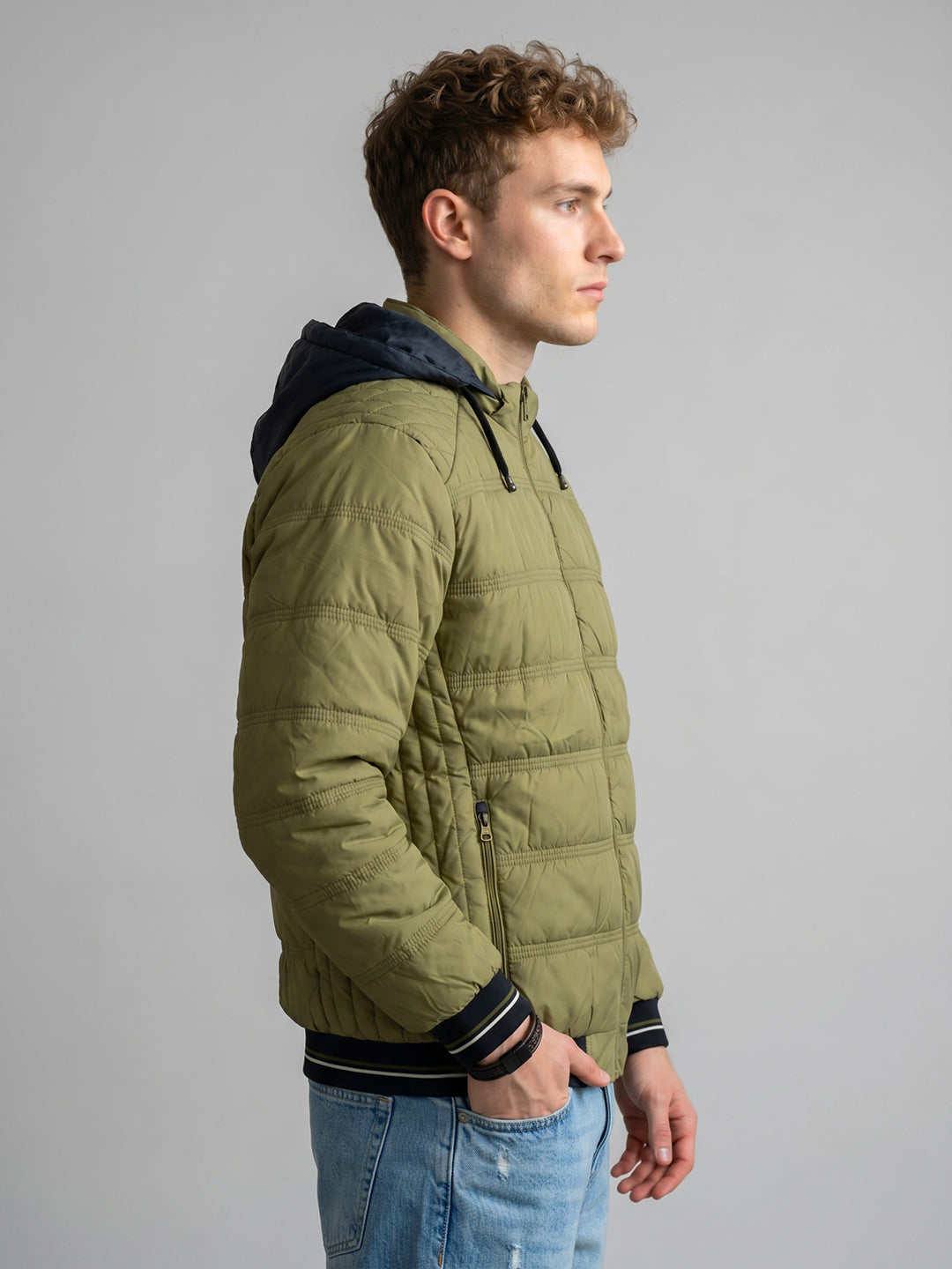 Men Sage Green Solid Mandarin Collar Full Sleeve Puffer Jacket with Hidden Hood