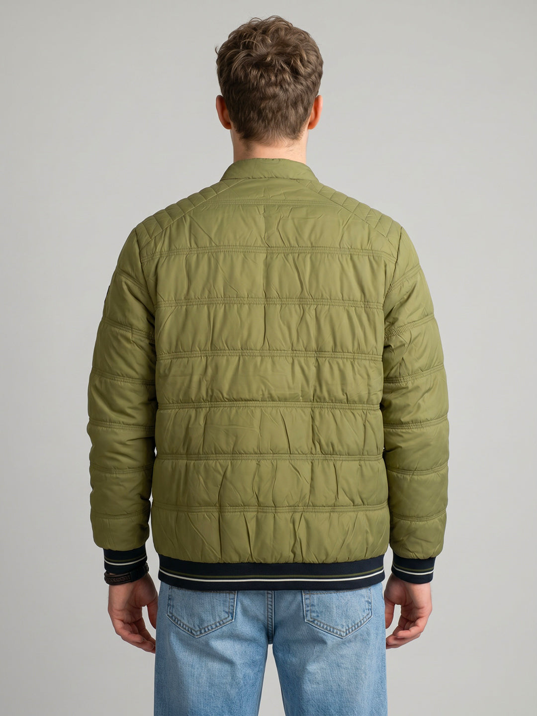 Men Sage Green Solid Mandarin Collar Full Sleeve Puffer Jacket with Hidden Hood