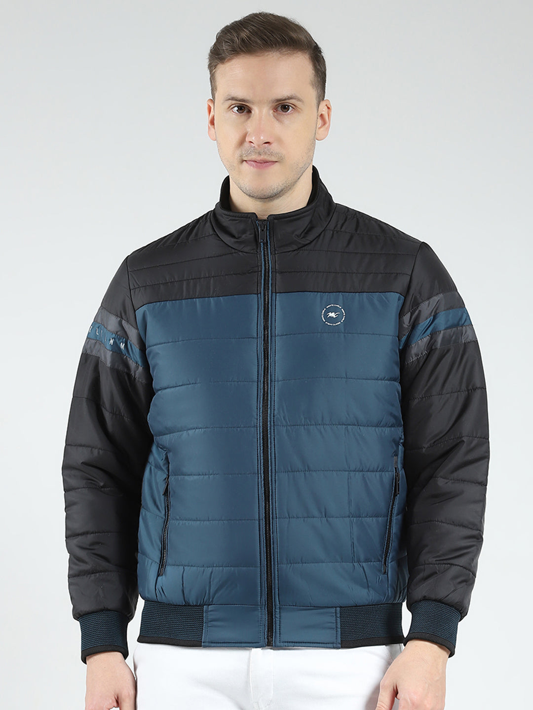 Men Black Solid Mock Neck Full Sleeve Jacket