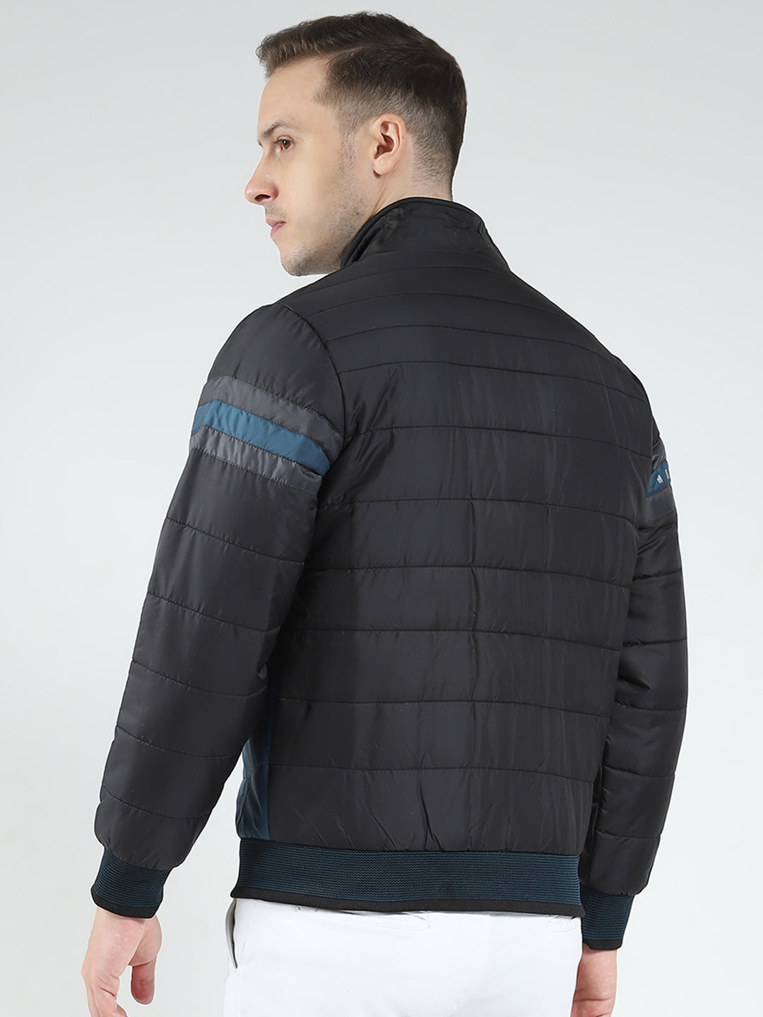 Men Black Solid Mock Neck Full Sleeve Jacket