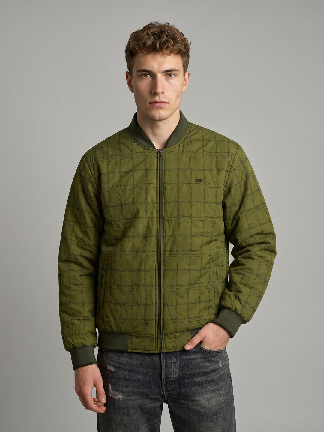 Men Green Printed Mandarin Collar Full Sleeve Jacket