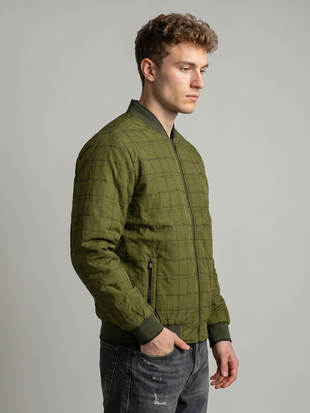 Men Green Printed Mandarin Collar Full Sleeve Jacket