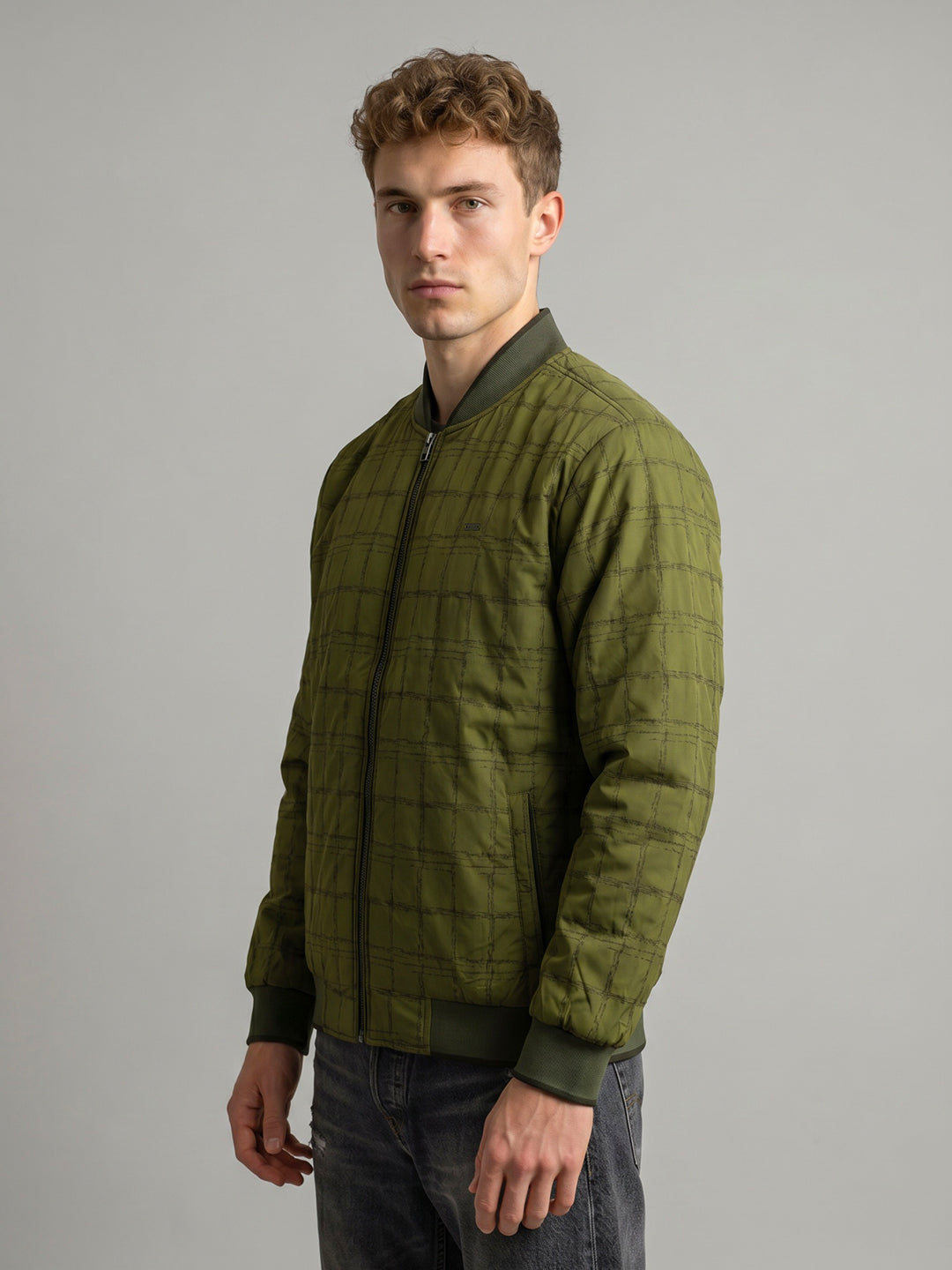 Men Green Printed Mandarin Collar Full Sleeve Jacket