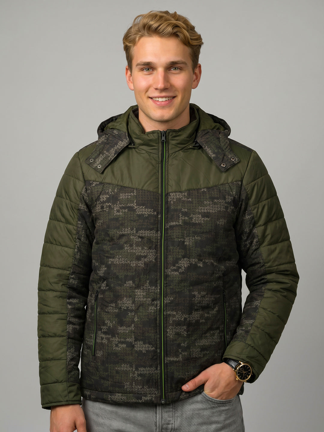 Men Olive Self Design Detachable Hood Full Sleeve Jacket