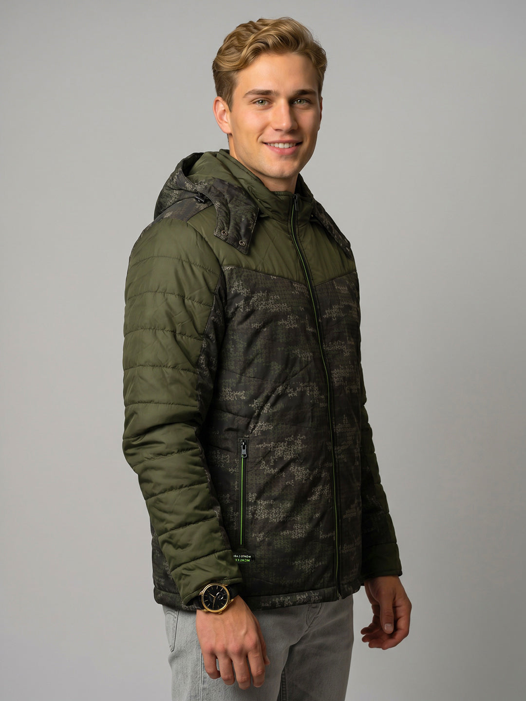 Men Olive Self Design Detachable Hood Full Sleeve Jacket