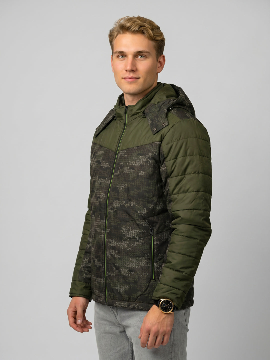 Men Olive Self Design Detachable Hood Full Sleeve Jacket