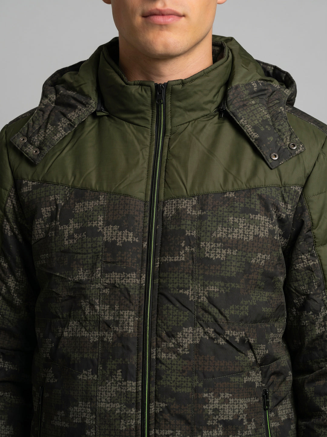 Men Olive Self Design Detachable Hood Full Sleeve Jacket