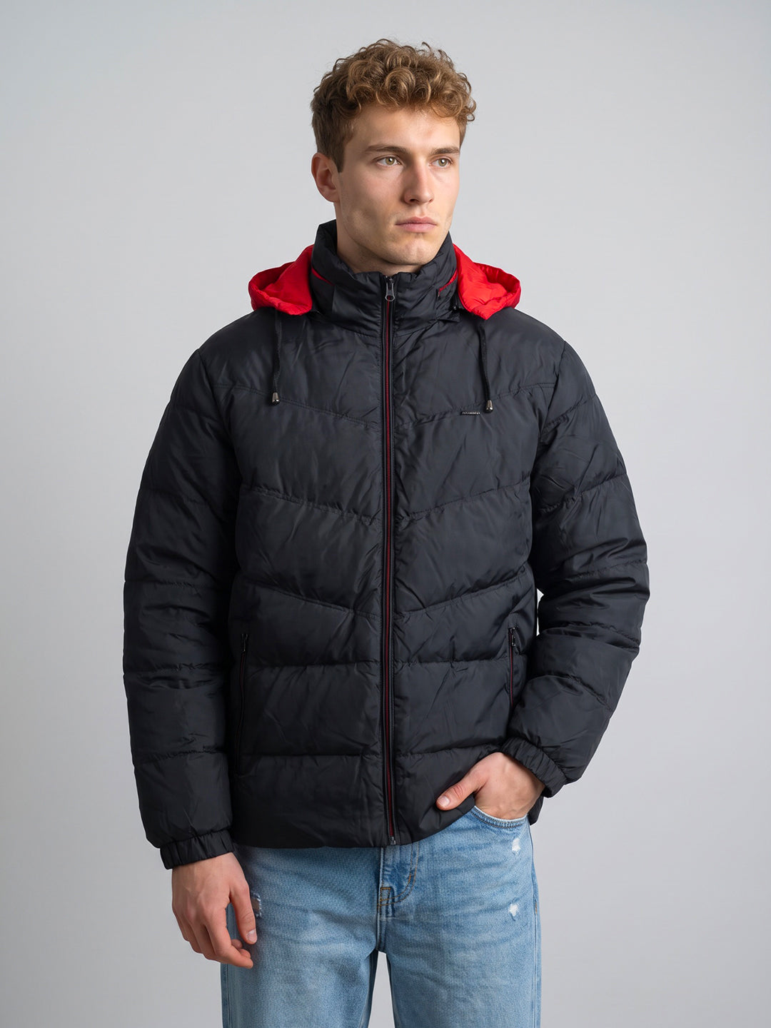 Men Navy Blue Solid Stand Collar Full Sleeve Puffer Jacket