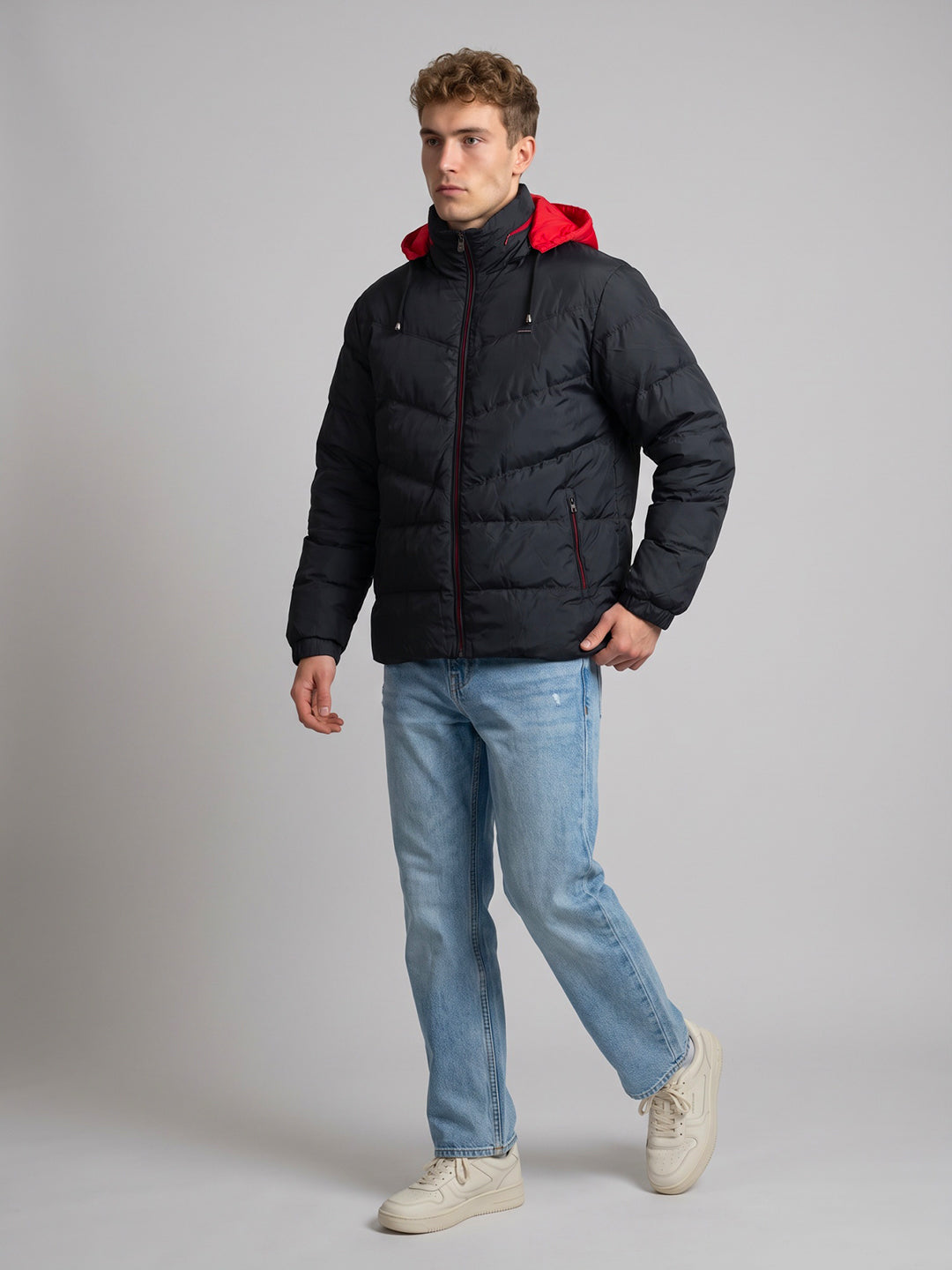 Men Navy Blue Solid Stand Collar Full Sleeve Puffer Jacket