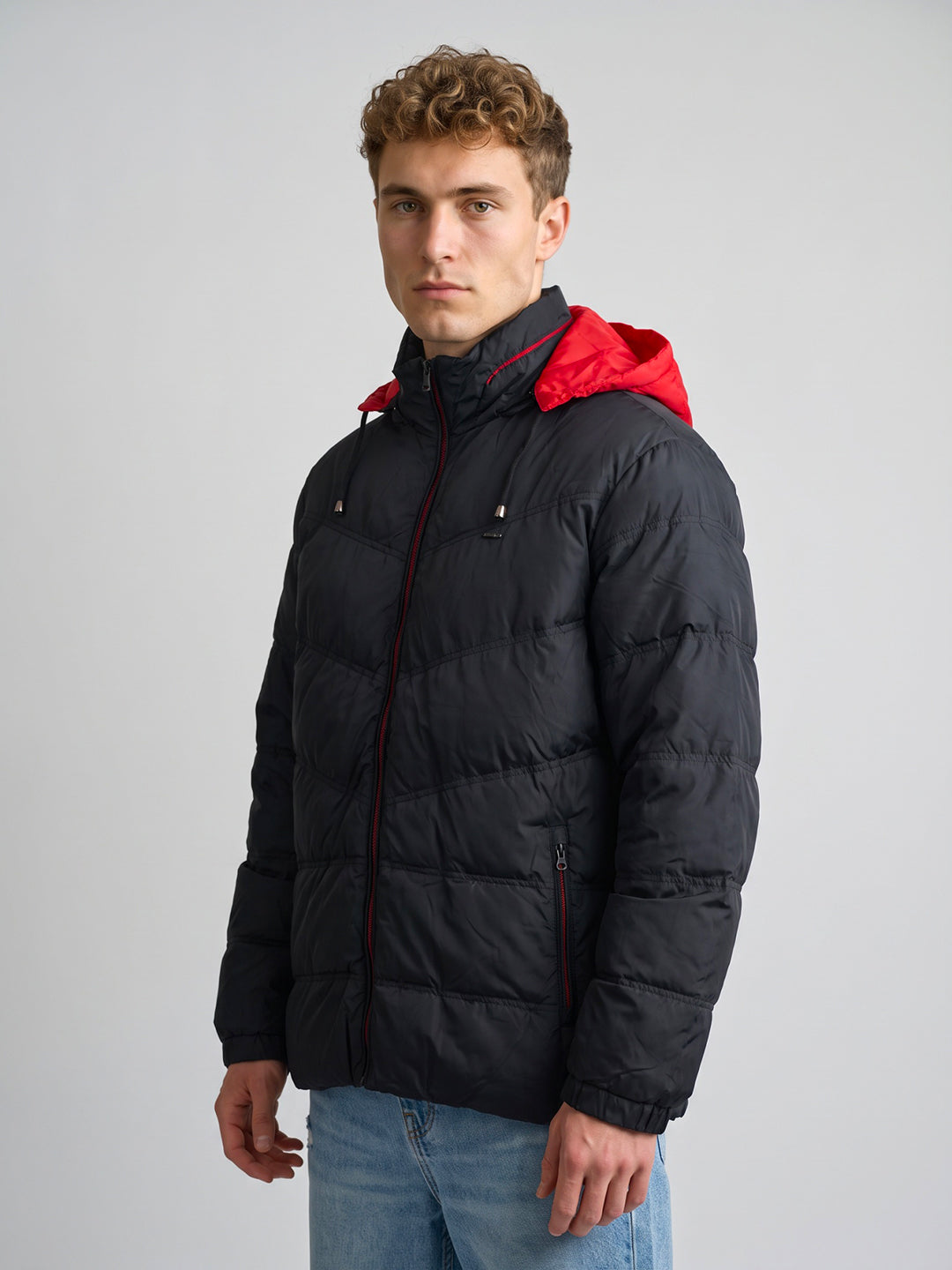 Men Navy Blue Solid Stand Collar Full Sleeve Puffer Jacket