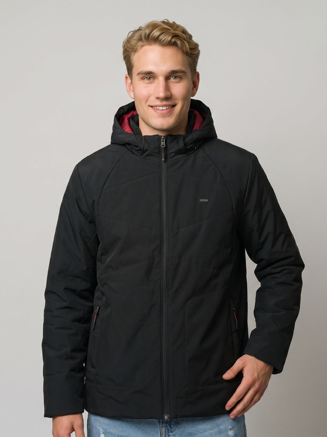 Men Black Solid Detachable Hood Full Sleeve Parka Jacket