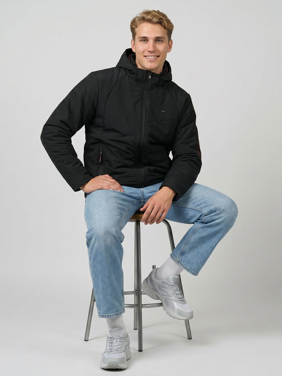 Men Black Solid Detachable Hood Full Sleeve Parka Jacket