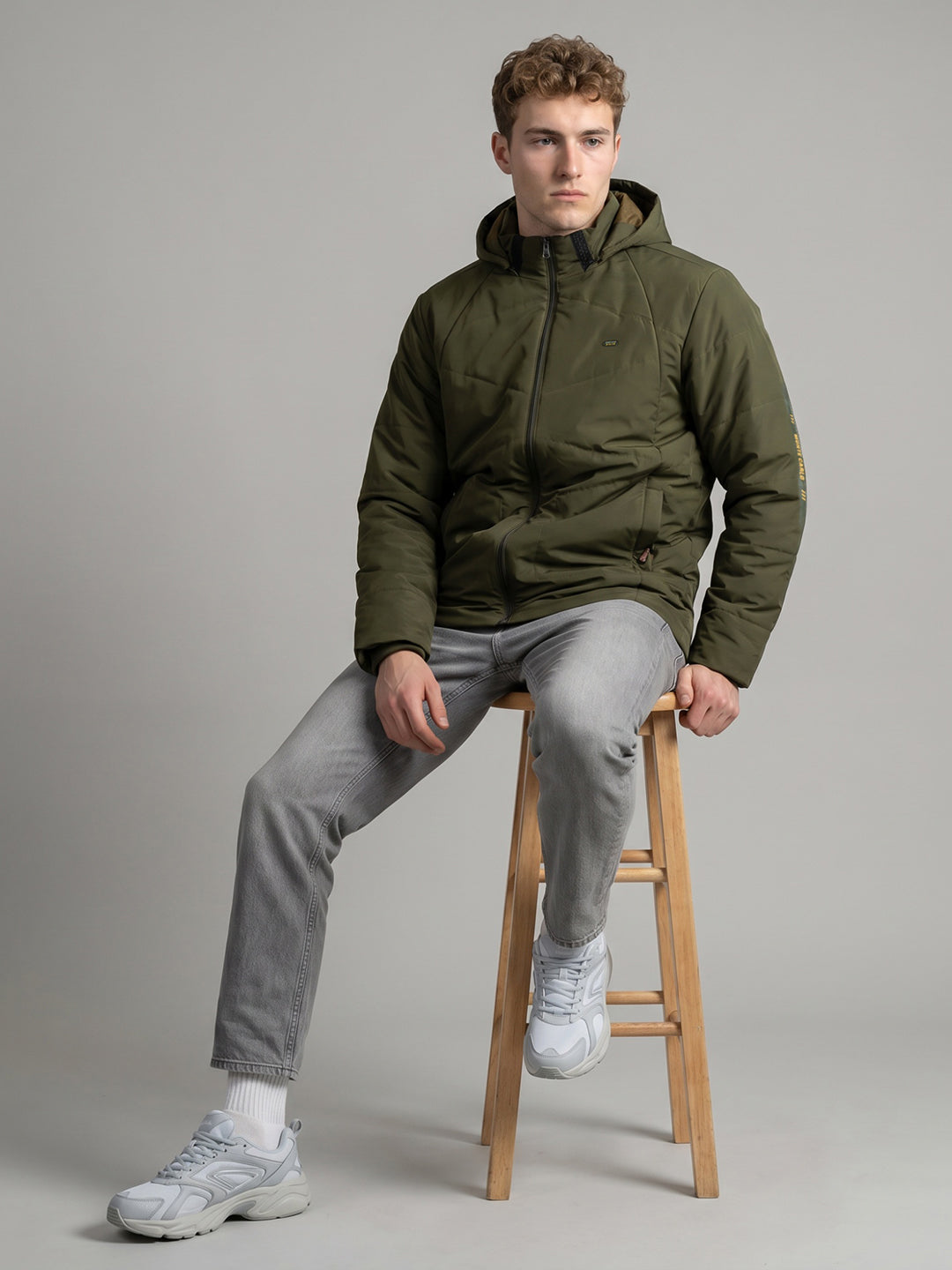 Men Olive Solid Detachable Hood Full Sleeve Parka Jacket