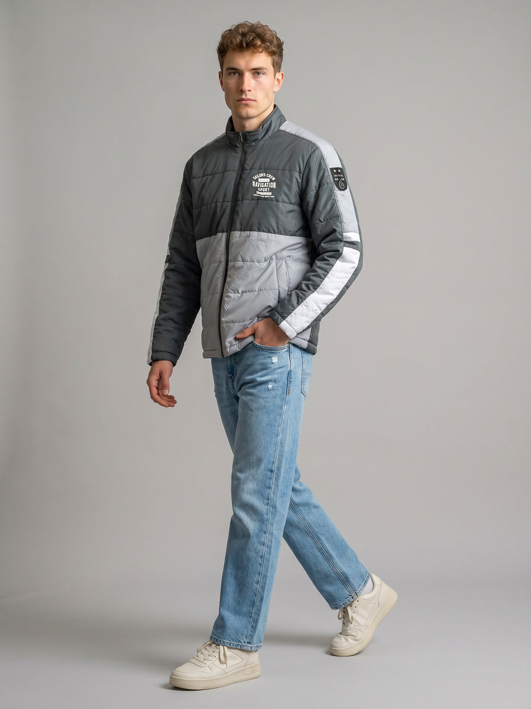 Men Grey Solid Turtle Neck Full Sleeve Bomber Jacket