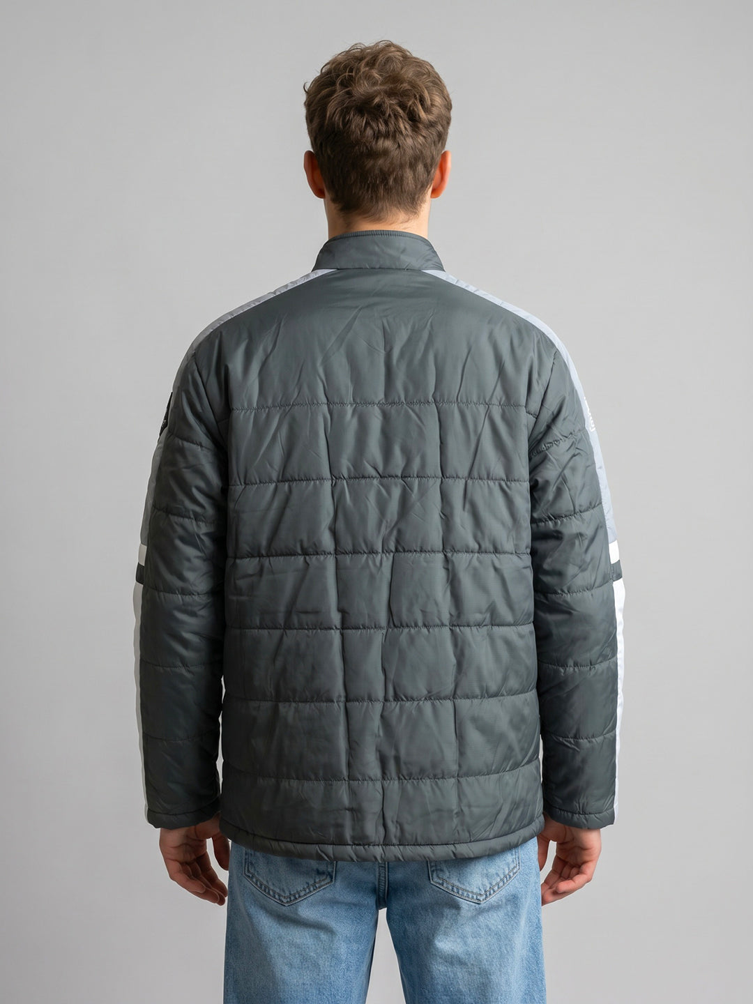 Men Grey Solid Turtle Neck Full Sleeve Bomber Jacket