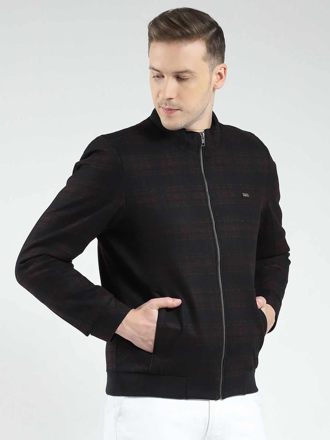 Men Navy Blue Check Mock Neck Full Sleeve Coat