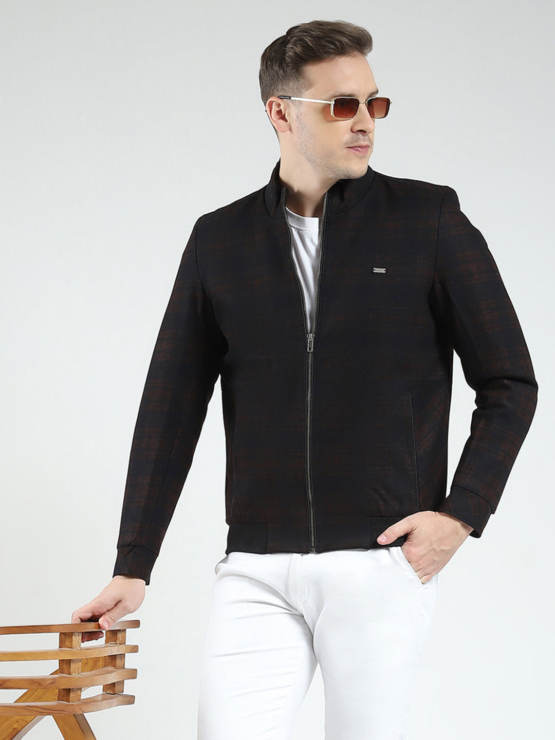 Men Navy Blue Check Mock Neck Full Sleeve Coat