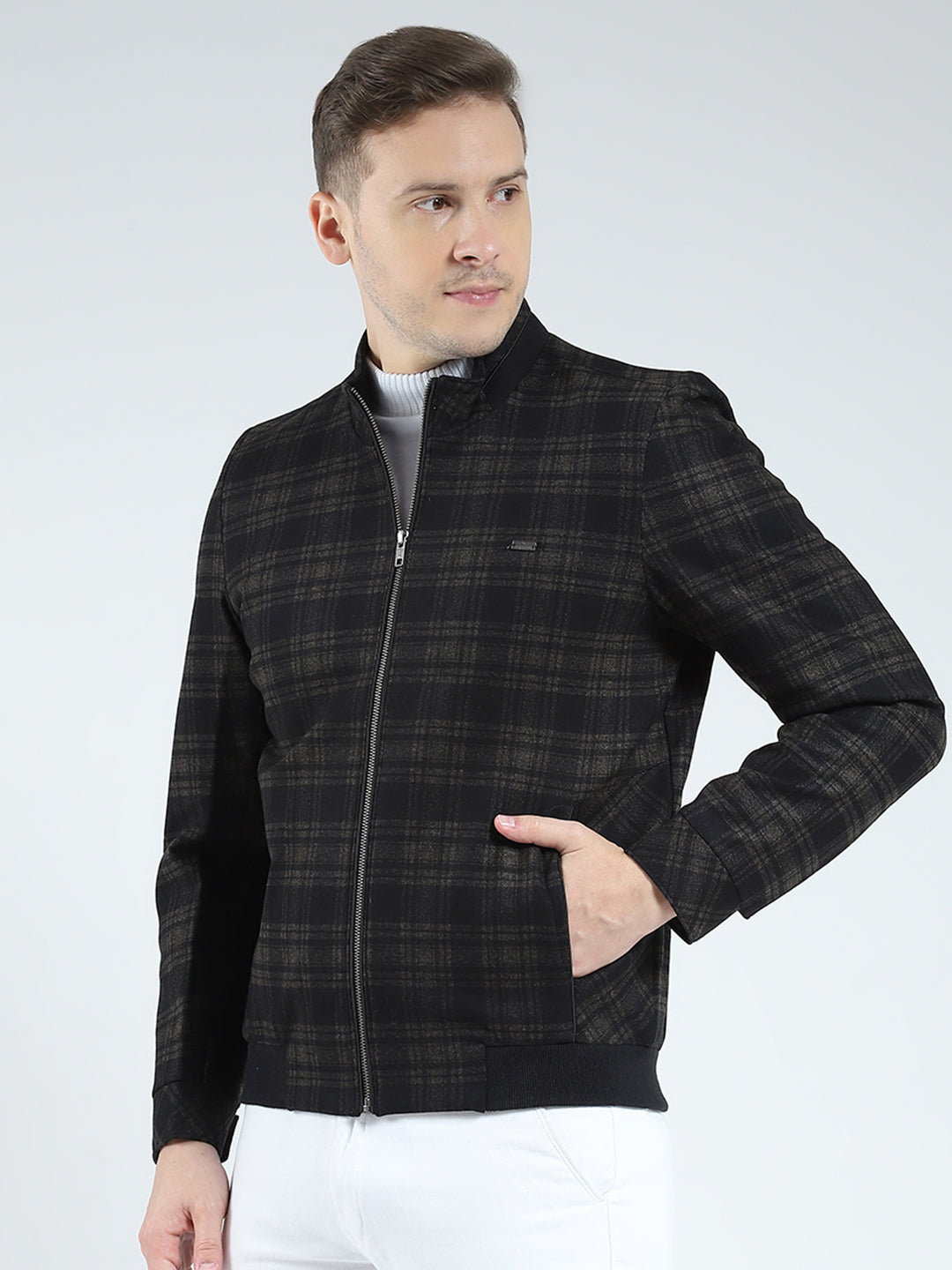 Men Brown Check Mock Neck Full Sleeve Coat
