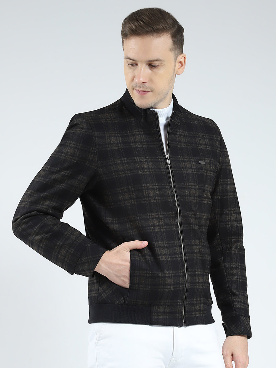 Men Brown Check Mock Neck Full Sleeve Coat