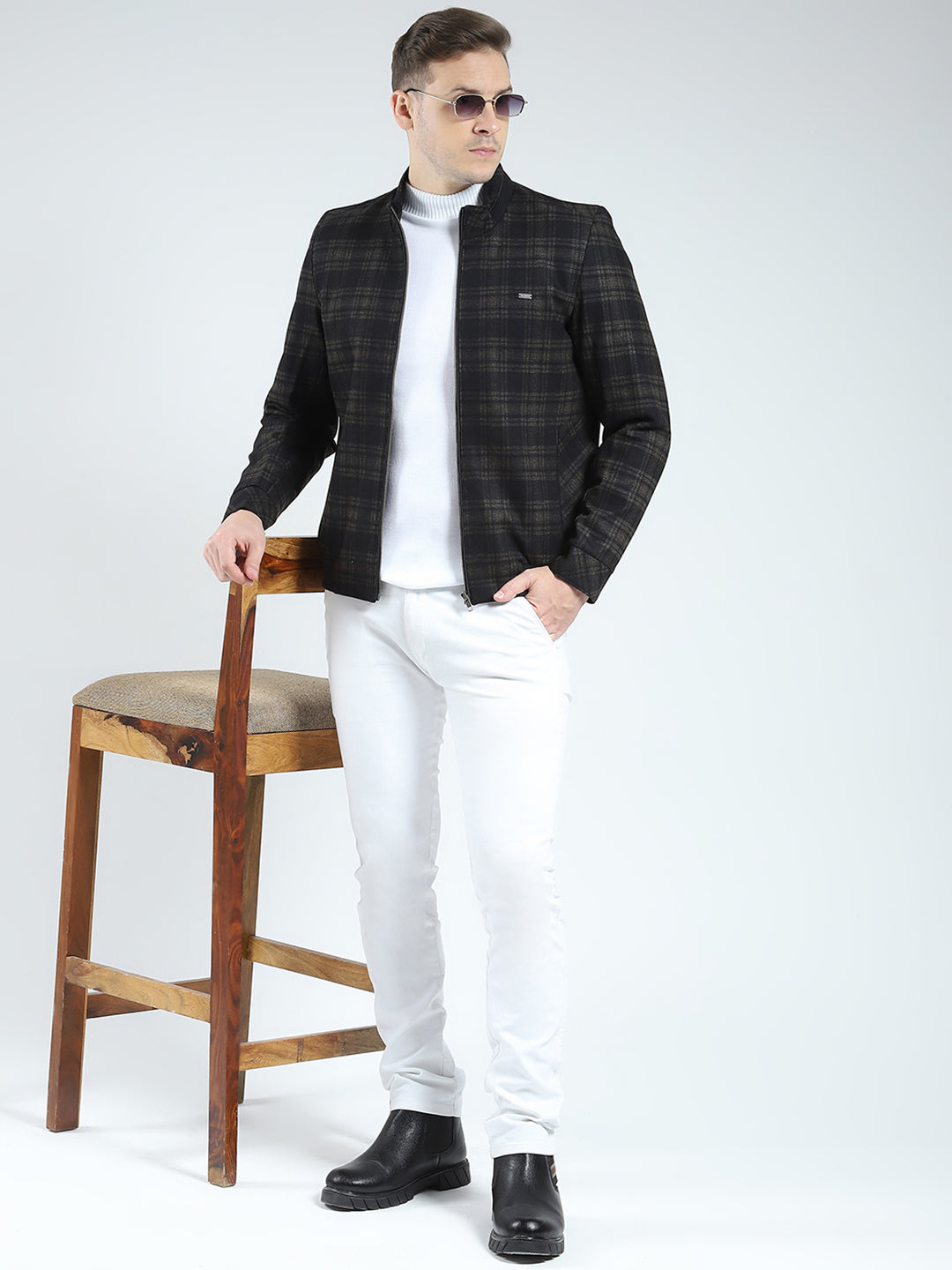 Men Brown Check Mock Neck Full Sleeve Coat