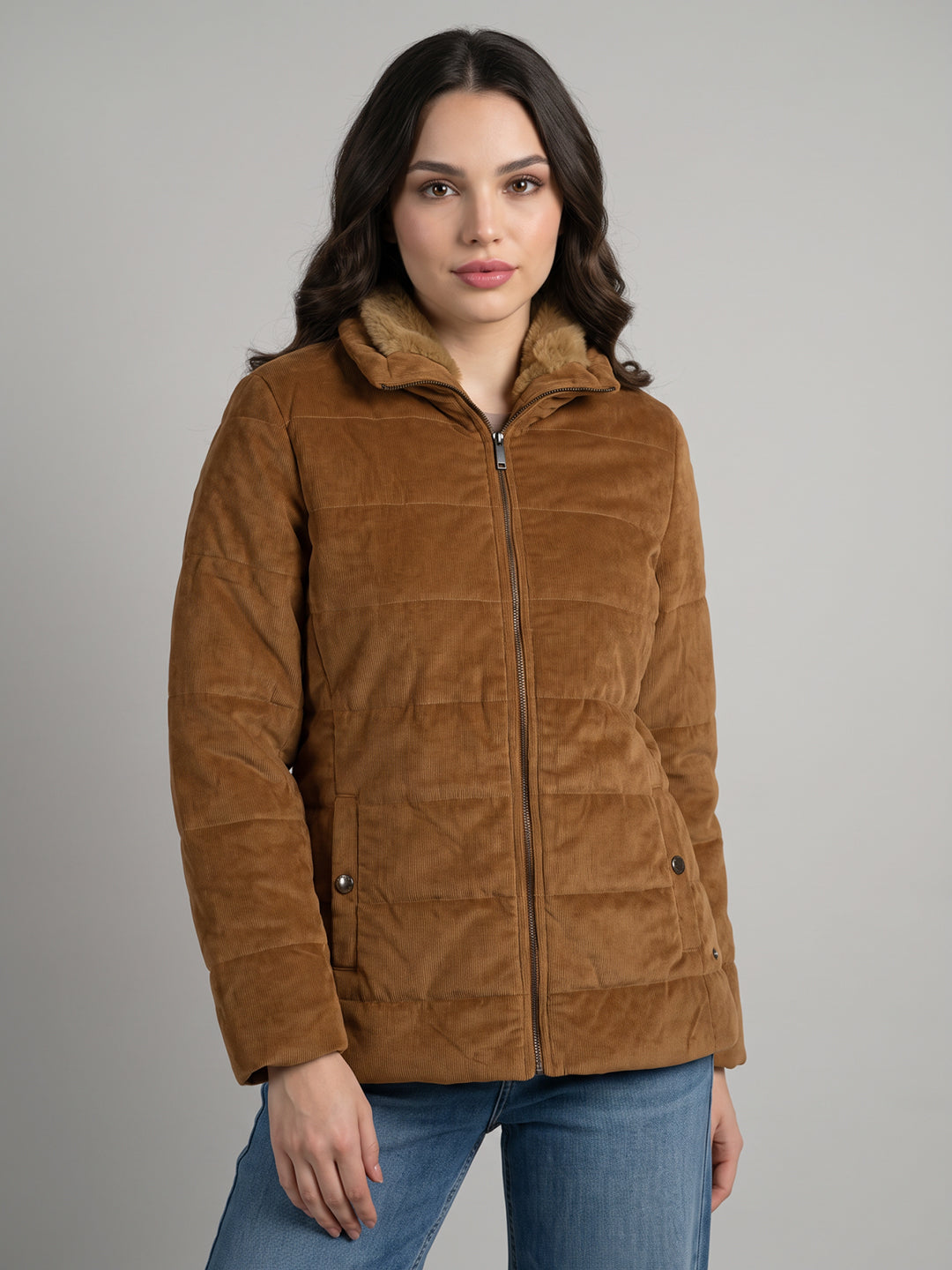 Women Rust Corduroy Overlap Neck Full Sleeve Bomber Jacket