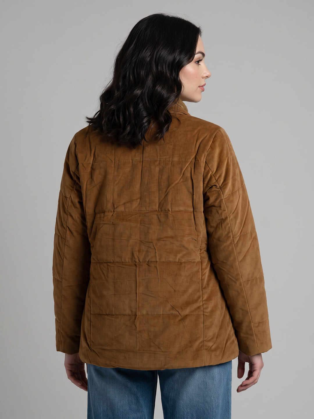 Women Rust Corduroy Overlap Neck Full Sleeve Bomber Jacket