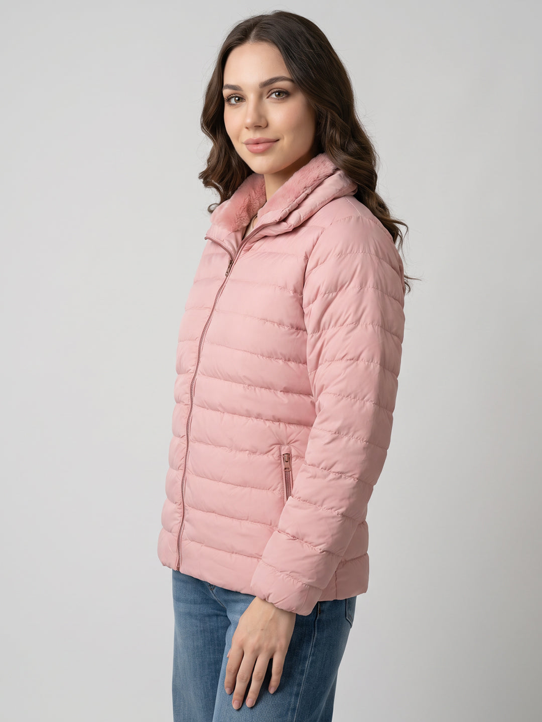 Women Pink Solid Overlap Neck Full Sleeve Puffer Jacket