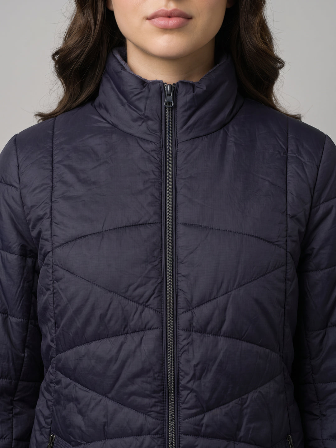Women Purple Solid Stand Collar Full Sleeve Jacket