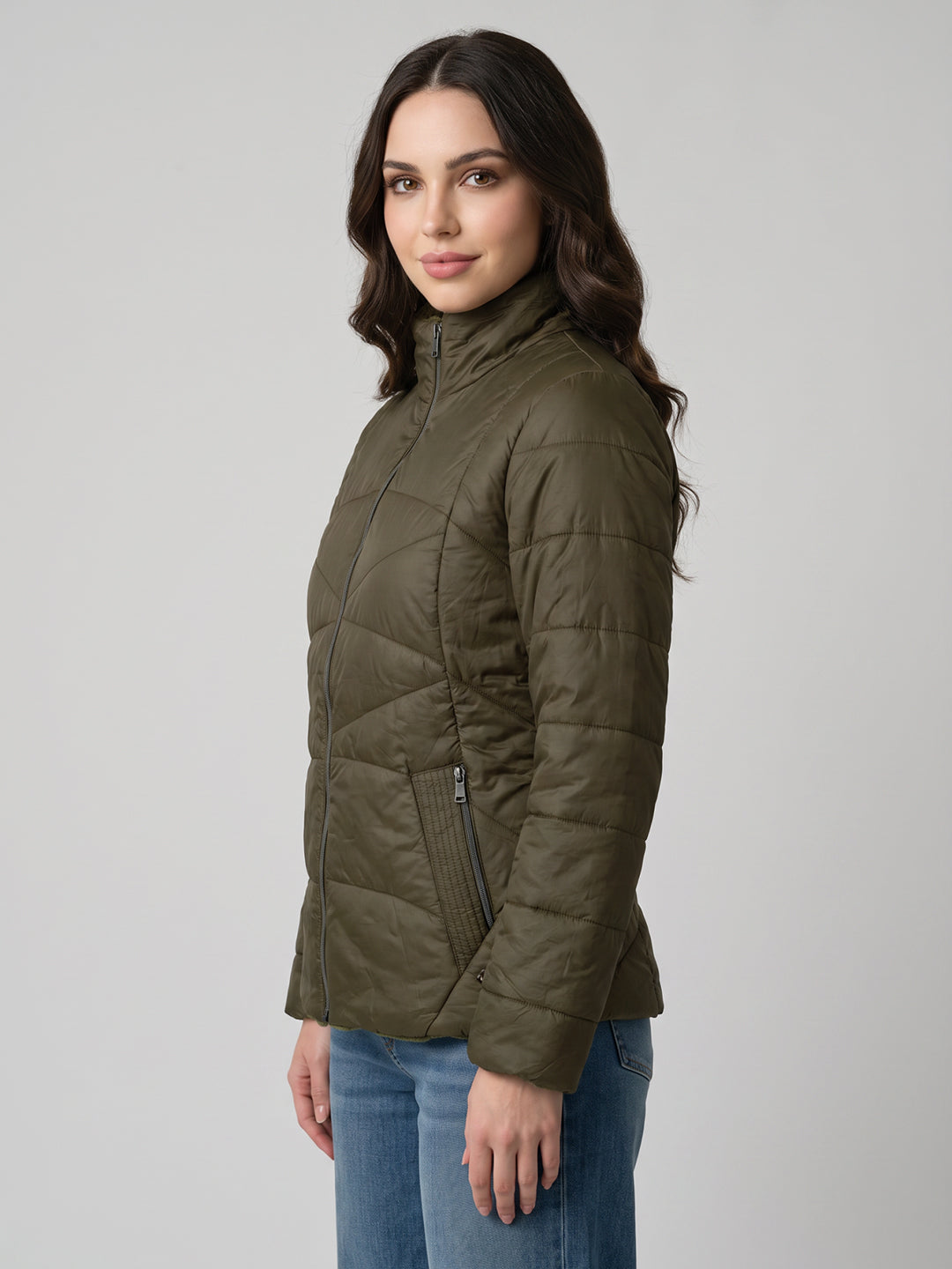 Women Olive Solid Stand Collar Full Sleeve Jacket