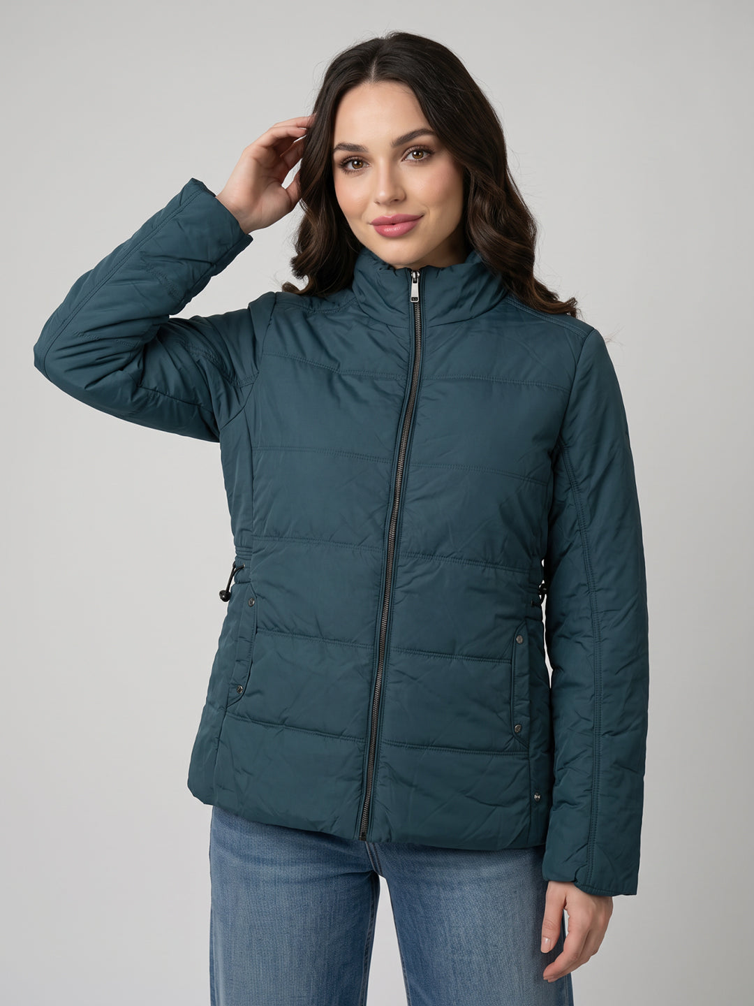 Women Teal Blue Solid Turtle Neck Full Sleeve Jacket