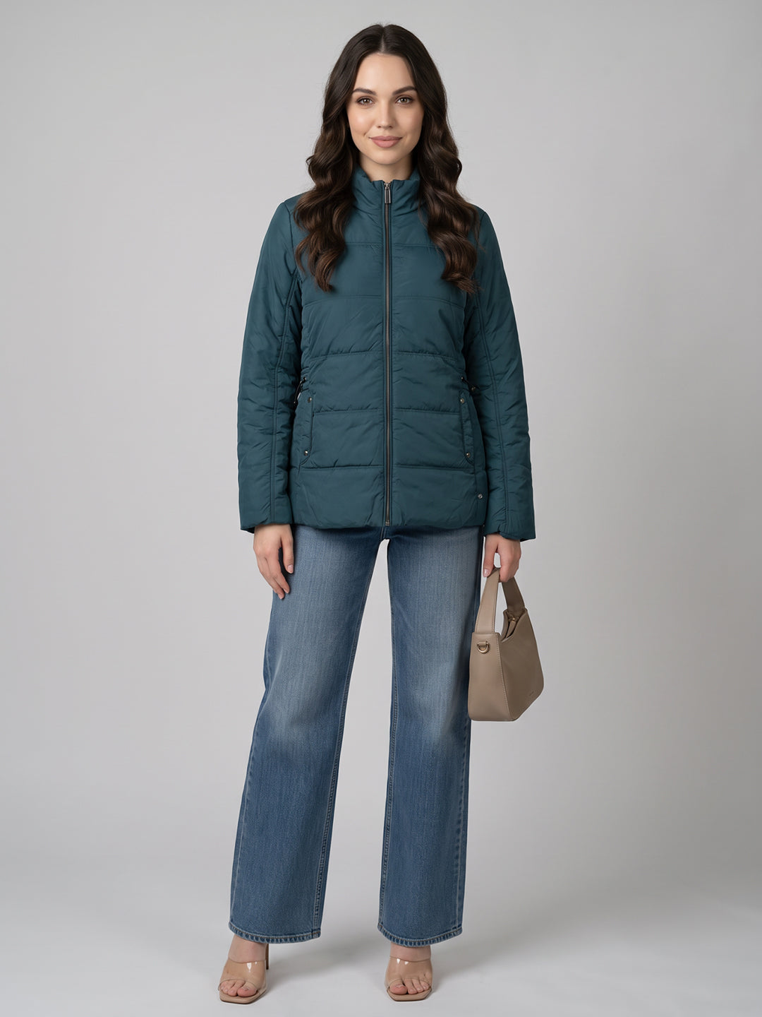 Women Teal Blue Solid Turtle Neck Full Sleeve Jacket