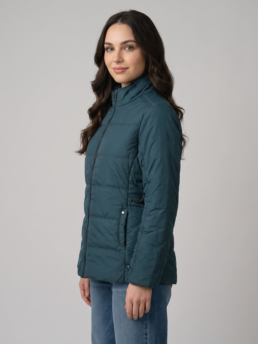 Women Teal Blue Solid Turtle Neck Full Sleeve Jacket