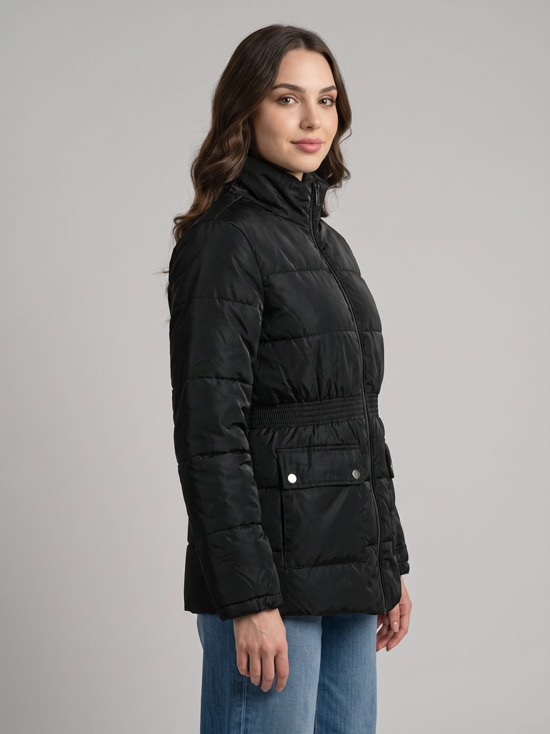 Women Black Solid Turtle Neck Full Sleeve Jacket