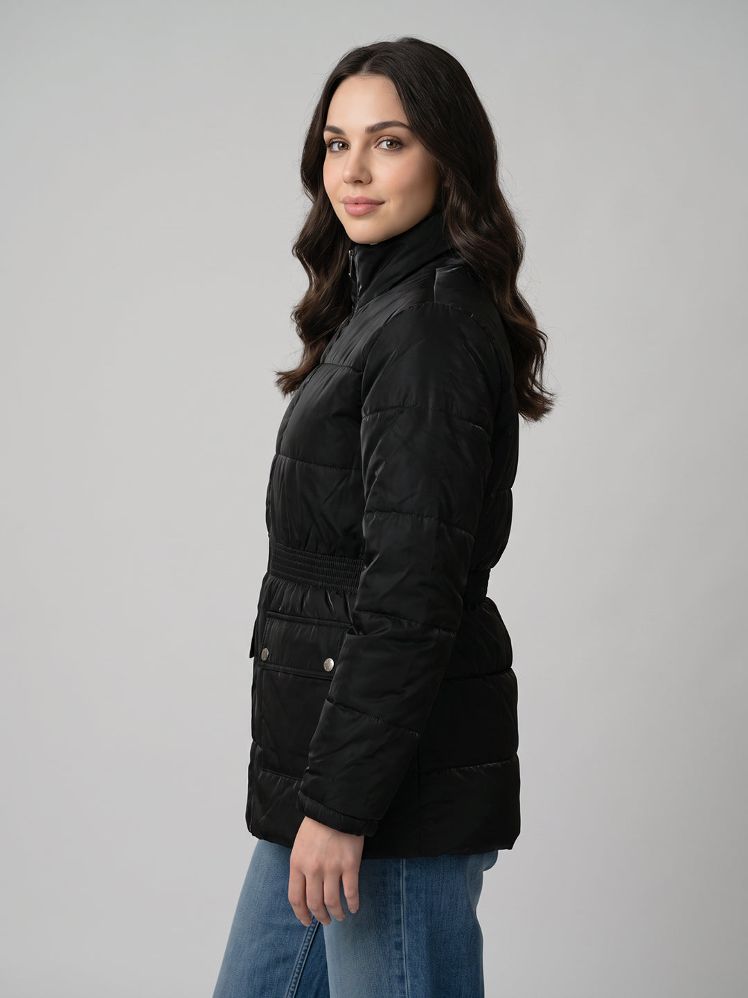 Women Black Solid Turtle Neck Full Sleeve Jacket