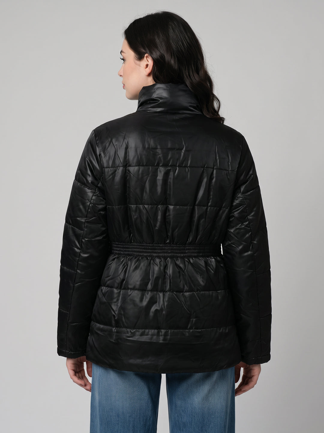 Women Black Solid Turtle Neck Full Sleeve Jacket