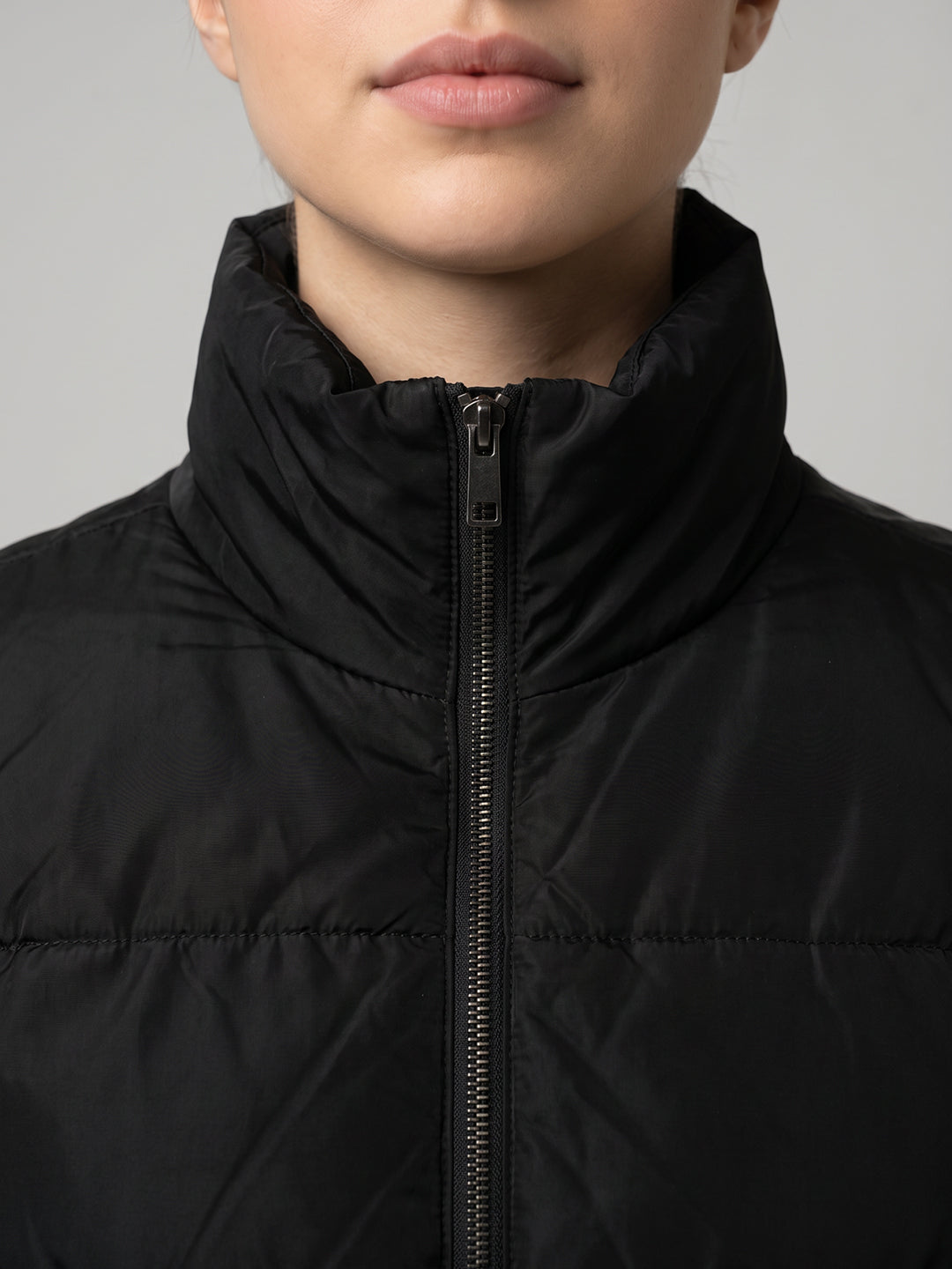 Women Black Solid Turtle Neck Full Sleeve Jacket