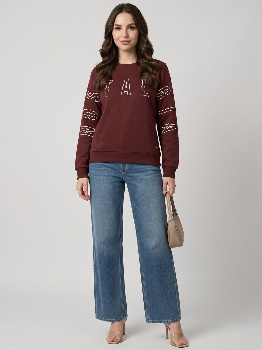 Women Brown Self Design Round Neck Full Sleeve Sweatshirt