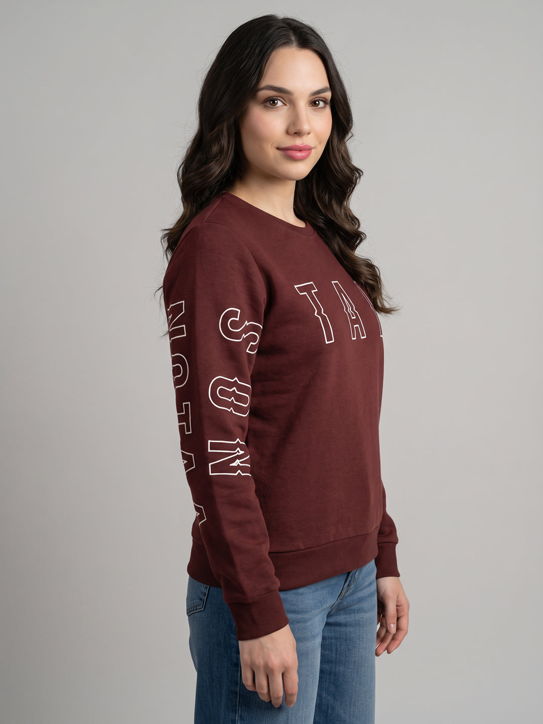 Women Brown Self Design Round Neck Full Sleeve Sweatshirt