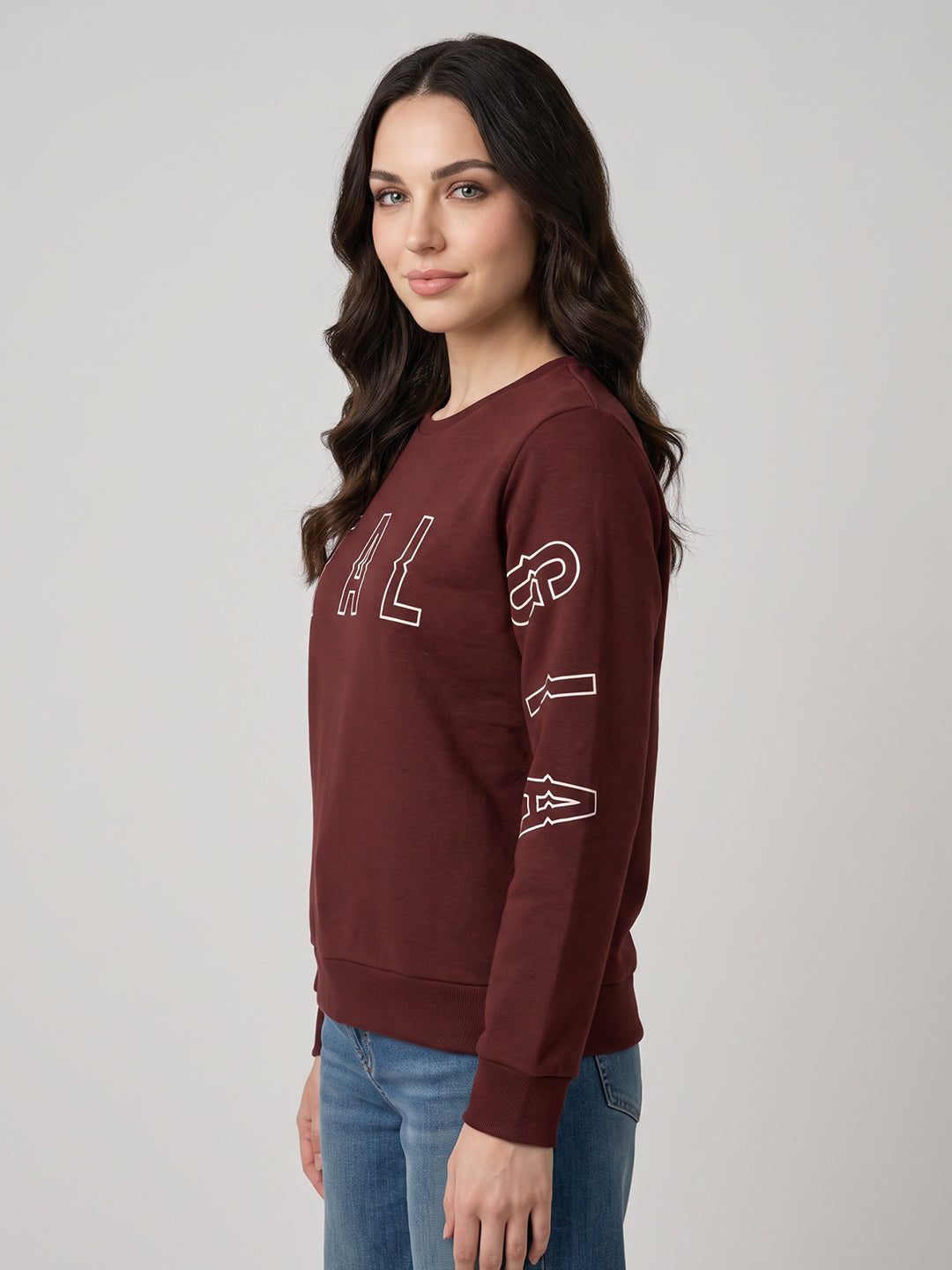 Women Brown Self Design Round Neck Full Sleeve Sweatshirt
